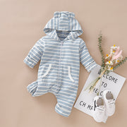 Striped baby jumpsuit with hood and ears