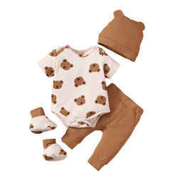 4 Piece Brown Bear Print Baby Outfit Set | Short Sleeve Bodysuit, Pants, Hat and Booties