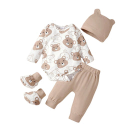4 Piece Bear Print Baby Outfit Set - Long Sleeve Bodysuit, Pants, Hat and Booties
