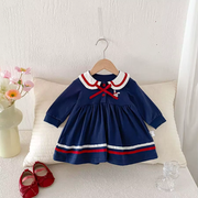 Baby Sailor Dress – Navy Long-Sleeve Dress with Cute Bow & Collar Details