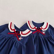 Baby Sailor Dress – Navy Long-Sleeve Dress with Cute Bow & Collar Details