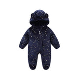 Baby Winter Hooded Jumpsuit - Fleece Bear Snowsuit with Ears and Star Print