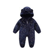 Baby Winter Hooded Jumpsuit - Fleece Bear Snowsuit with Ears and Star Print