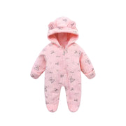 Baby Winter Hooded Jumpsuit - Fleece Bear Snowsuit with Ears and Star Print