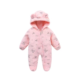 Baby Winter Hooded Jumpsuit - Fleece Bear Snowsuit with Ears and Star Print