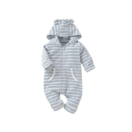 Striped baby jumpsuit with hood and ears