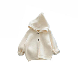Knitted baby cardigan with hood and buttons