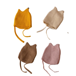 Knitted Baby Bonnet With Cat Ears and Tie Strings