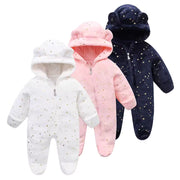 Baby Winter Hooded Jumpsuit - Fleece Bear Snowsuit with Ears and Star Print