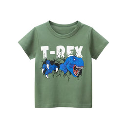 Boys Green T-Rex Dinosaur T-Shirt - Fun Graphic Cotton Short Sleeve Tee