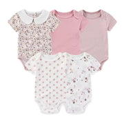 5 Pack Pink Floral Baby Bodysuits - Soft Cotton Short Sleeve Onesies