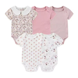 5 Pack Pink Floral Baby Bodysuits - Soft Cotton Short Sleeve Onesies
