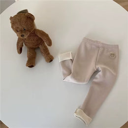 Baby and Toddler Fleece-Lined Leggings - Warm Ribbed Pants with Bear Patch