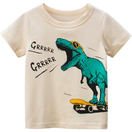 Boys Dinosaur T-Shirt - Cotton Short Sleeve Tee with Fun T-Rex Skateboard Print