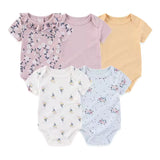 5 Pack Light Pink Floral Baby Bodysuits - Soft Cotton Short Sleeve Onesies