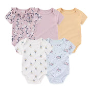 5 Pack Light Pink Floral Baby Bodysuits - Soft Cotton Short Sleeve Onesies