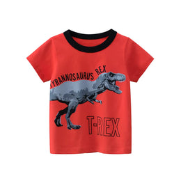 Boys T-Rex Dinosaur T-Shirt - Cotton Short Sleeve Tee in Red