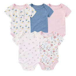 5 Pack Floral Baby Bodysuits - Soft Cotton Short Sleeve Onesies