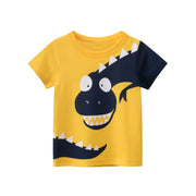 Boys Yellow Dinosaur T-Shirt - Fun Cartoon T-Rex Print Cotton Short Sleeve Tee